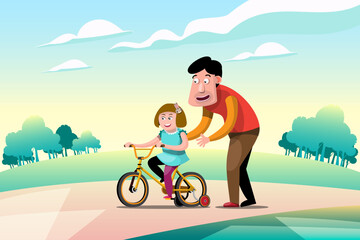 Fototapeta premium Father takes care of and teaches daughter to ride a bicycle for the first time in the park.