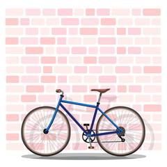 A blue bicycle leans against a pink brick wall in the sunlight. Flat vector design illustration