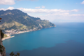 Fototapeta na wymiar Panoramic view of Amalfi sea coast in Italy. Mediterranean coastal landscape