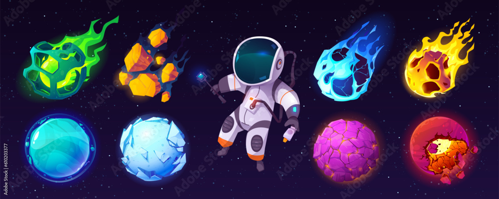Wall mural planet and astronaut cartoon game illustration set. fantasy world ui icon pack for magic galaxy univ