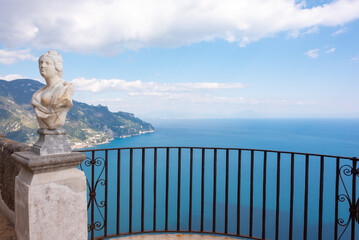 Ravello, Italy. Terrace of villa Cimbrone with marble statues over sea overlooking Amalfi coast