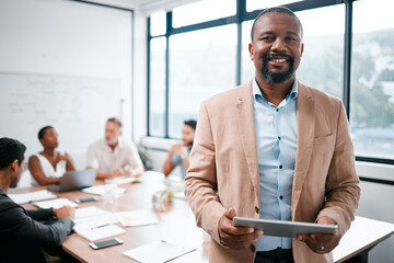 Black man in business, smile in portrait and tablet, leadership and presentation with group for corporate project. Team leader, digital and meeting with male speaker in conference room with tech