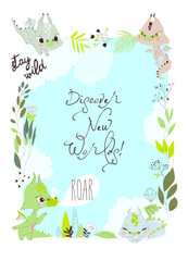 Cute Cartoon Frame with Colorful Little Dragons and Plants