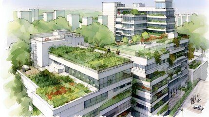 Sustainable project that integrates the concept of urban gardening. Significance of green spaces and local food production within urban environments for a sustainable future. Generative AI