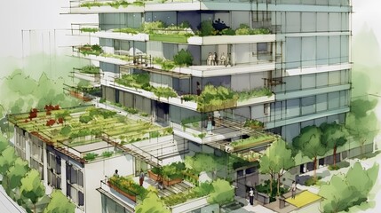 Sustainable project that integrates the concept of urban gardening. Significance of green spaces and local food production within urban environments for a sustainable future. Generative AI