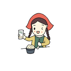 girl enjoy with food at table and holding package, hand drawn style vector illustration