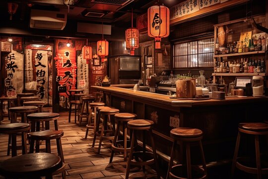 Bustling Edo - period izakaya in old Tokyo, where patrons gather to enjoy an array of small plates, including yakitori skewers, tempura, and sake, illustration generative ai