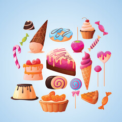 candy sweets set isolated cartoon style icons confectionery products cakes lollipops donuts candies vector illustration
