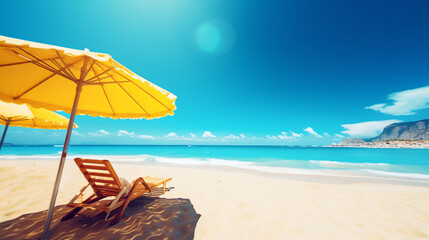 beach landscape with yellow umbrella and lounge ai generative