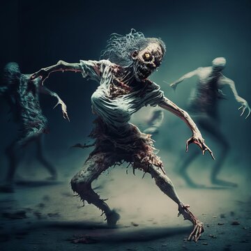 Scary zombie dancing in the dark. Tired to death. Generative AI