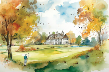 A whimsical watercolor illustration showcasing a golfer taking his shot. The lush fairway and the classic clubhouse in the background offer a comprehensive view of a day at the golf course.