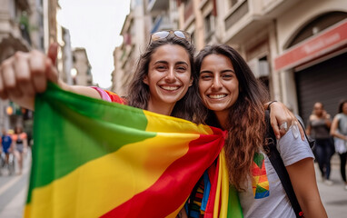 Two young women on the street attend gay pride with lgbt flag in hand - ai generative
