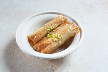 A view of a bowl of baklava.