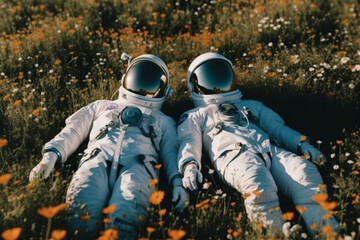  astronauts laying on the grass with flowers, romantic atmosphere Generative AI