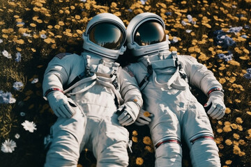  astronauts laying on the grass with flowers, romantic atmosphere Generative AI