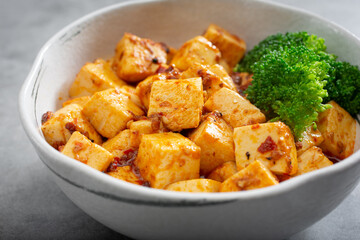 A view of a bowl of mapo tofu.