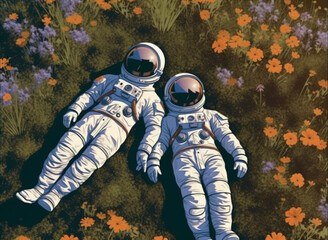  illustration of astronauts laying on the grass with flowers, romantic atmosphere Generative AI