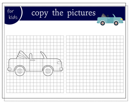 Copy a picture, an educational game for children, a cartoon car, a cabriolet. Vector illustration