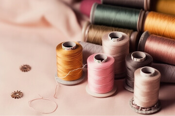  Sewing tools and sewing accessories on elegant background, sewing threads, thread spools, needles, pins Generative AI