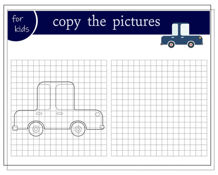 Copy the picture, an educational game for children, a cartoon car. Vector illustration on a white background