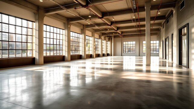 Empty industrial space interior. Open, unoccupied space and minimalistic aesthetic, it symbolizes potential for creativity and transformation within the realm of industrial design. Generative AI