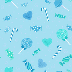 seamless pastel blue pattern with turquoise lollypop, candies, sweets hearts  background сute seasonal love romantic valentine scrapbooking texture textile, wrapping paper