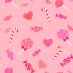 seamless pastel pink pattern with red pink magenta lollypop, candies, sweets hearts  background сute seasonal love romantic valentine textile, wrapping paper