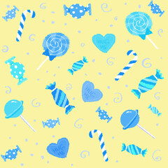 seamless pastel yellow pattern with blue turquoise lollypop, candies, sweets hearts  background сute seasonal love romantic valentine scrapbooking texture textile, wrapping paper
