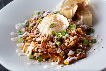 A view of a chorizo breakfast bowl.