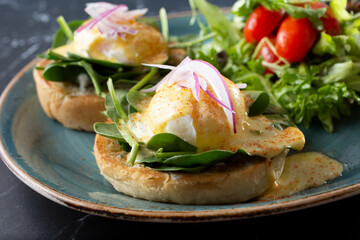 A view of a plate of vegetarian eggs Benedict.
