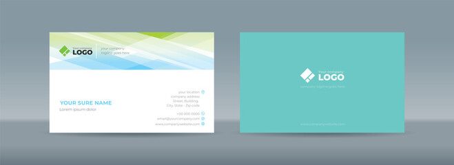 Double sided business card templates with illustrations of randomly stacked transparent blue-green triangles on a blue-white background
