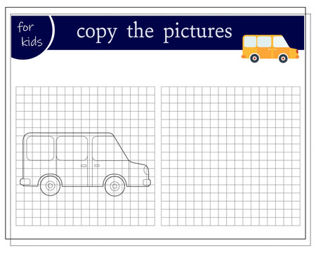 Copy the picture, educational game for children, cartoon car minibus. Vector illustration on a white background