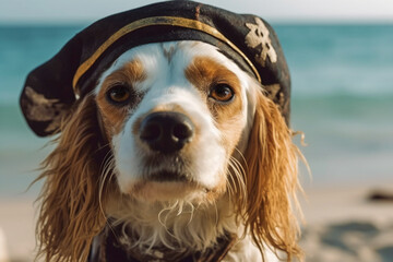 Dog dressed up with pirate costume hat. Generative AI illustration