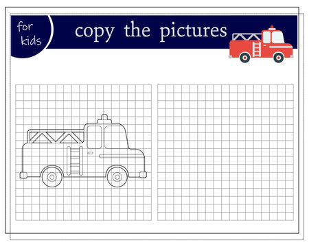 Copy the picture, an educational game for children, a cartoon fire truck. Vector illustration on a white background
