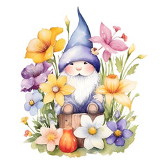 Watercolor Garden gnome with flowers Clipart Element Printable Commercial use