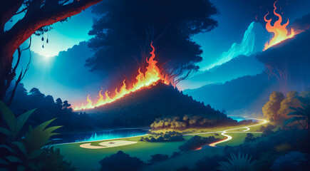 Fototapeta na wymiar Burning Forest. Nocturnal Scene Unleashing Environmental Inferno. Climate Change. Generative AI
