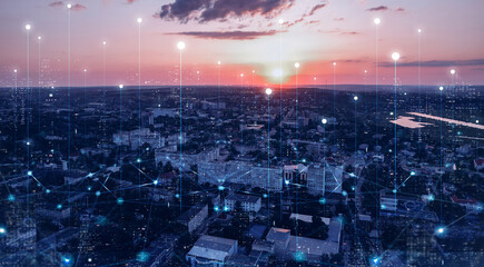 Telecommunication and communication network on city.Smart city development concept.Modern big data...