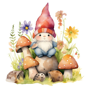 Watercolor Garden Gnome With Flowers Clipart Element Printable Commercial Use