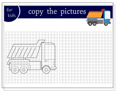 Copy the picture, an educational game for children, a cartoon dump truck. Vector illustration on a white background