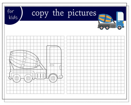 Copy the picture, an educational game for children, a cartoon concrete mixer machine. Vector illustration