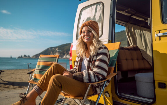 A young girl near a camper van sitting on a folding chair with the sea in the background. She is happy and smiling - ai generative