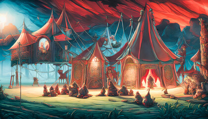 A Haunting and Colorful Atmosphere of a Grand Traveling Circus. Fear and Surrealism. Tents. Possession. Generative AI.