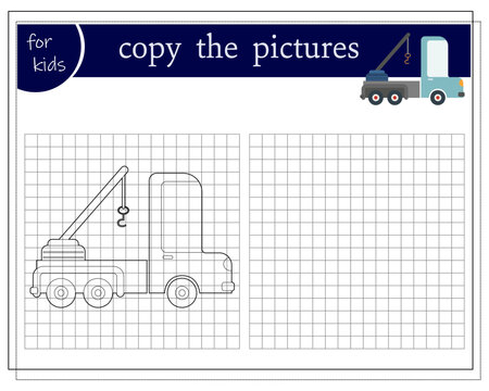 Copy the picture, an educational game for children, a cartoon car crane. Vector illustration on a white background