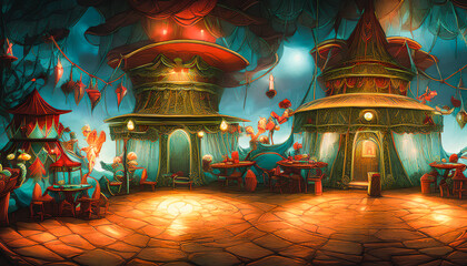 A Haunting and Colorful Atmosphere of a Grand Traveling Circus. Fear and Surrealism. Tents. Possession. Generative AI.