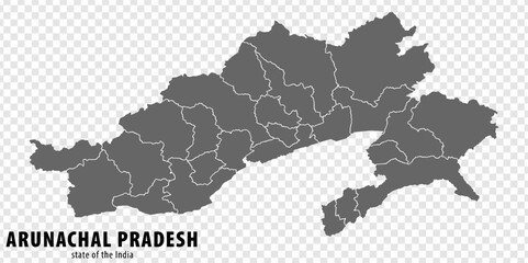 Blank map State  Arunachal Pradesh of India. High quality map Arunachal Pradesh with municipalities on transparent background for your web site design, logo, app, UI. Republic of India.  EPS10
