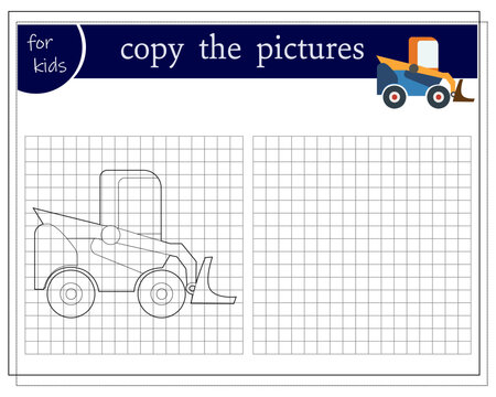 Copy the picture, an educational game for children, a cartoon loader car. Vector illustration on a white background