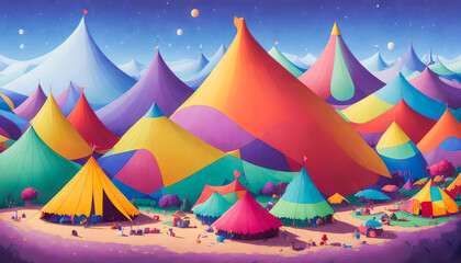 A Joyful and Colorful Atmosphere of a Grand Traveling Circus. Fairy Tale Characters. Tents. Children's Delight. Generative AI