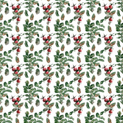 Watercolor seamless border with flowering branches, leaves and rosehip fruits