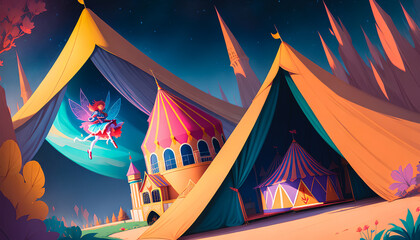 A Joyful and Colorful Atmosphere of a Grand Traveling Circus. Fairy Tale Characters. Tents. Children's Delight. Generative AI