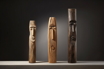 Composition of three wood decoration sticks with copyspace background. Generative AI